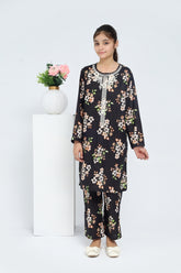 Plum 100% Cotton Lawn Black Colour Printed Almond Biege Flowers Embroidered Off White threads On Stitched 2 pc suit for Girls.